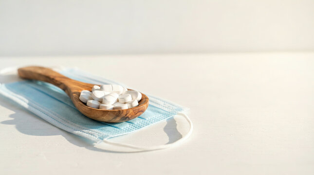 Spoon of thirty five white pills above a blue surgical face mask indoors