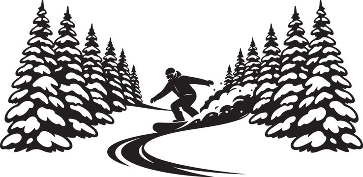 Skiing, cross-country ski trail winding through winter forest. Vector graphics, snow-covered coniferous trees, outdoor winter sport, adventure, skiing, nature