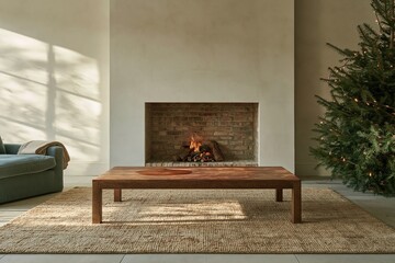 Naklejka premium Empty wooden coffee table with a burnt orange top in a cozy living room, featuring a glowing fireplace and Christmas tree for seasonal product mockup
