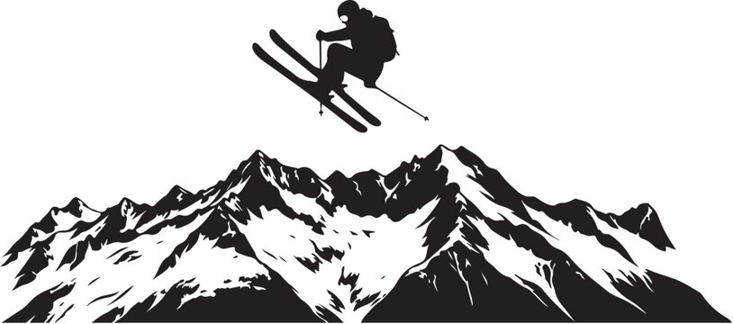 Vector Skiing Mountain Icon, Black silhouette of a skier jumping over peaks, Simple graphic logo for winter sports, Outdoors activity emblem design. Minimalist alpine scene illustration
