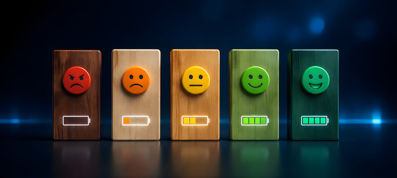Customer Feedback and Satisfaction Level Concept Wooden Blocks with Emoji Faces and Battery Icons