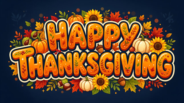 Festive Thanksgiving celebration with colorful autumnal decorations featuring pumpkins, gourds, sunflowers, and vibrant fall