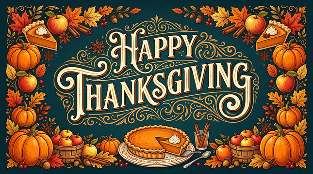 Festive autumnal arrangement featuring pumpkins, pies, and seasonal decorations celebrating Thanksgiving holiday