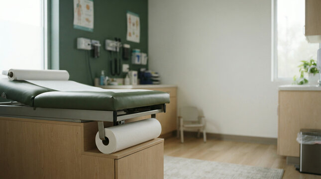 Green examination couch with a paper roll in a bright doctors clinic room