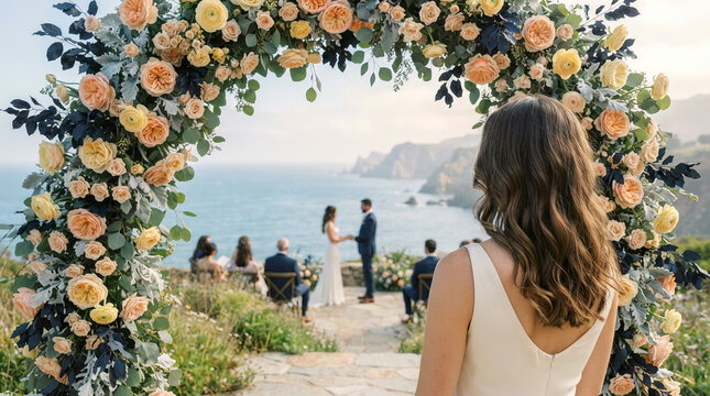 Woman by a floral arch watching a clifftop wedding ceremony by the sea