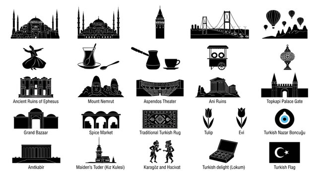 Turkey vector icon set with Istanbul landmark and Turkish culture silhouettes for travel and heritage design