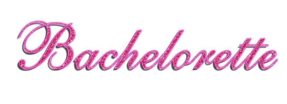 Pink glitter bachelorette text lettering with script calligraphy font isolated on transparent background