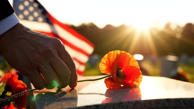 Person placing red poppy on veteran gravestone with american flag
