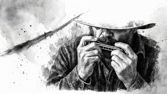 Cowboy Playing Harmonica Watercolor Sketch with Bold Brush Stroke