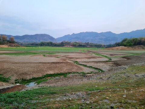 View of the reservoir which has dried up due to the prolonged dry season,location in Tandon reservoir,Wonogiri,Indonesia