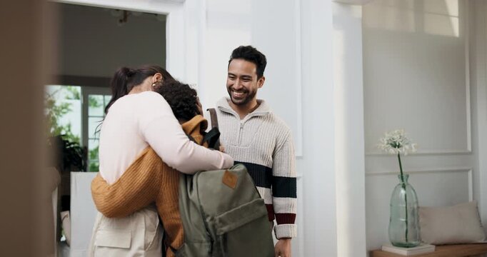 Home, hug and parents with child for leaving, morning commute and ready for work or school. Family, goodbye and boy with mom, dad and backpack for education, career and bonding for daily routine