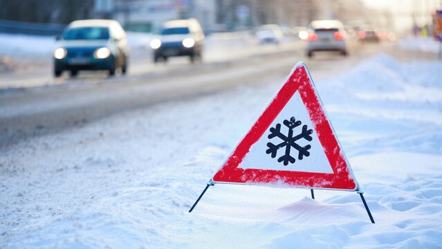 Snowflake warning sign beside icy winter highway, hazardous road conditions, black ice accident risk plus snowfall driving safety