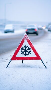 Frozen road warning sign facing traffic in heavy snow, winter driving danger, poor visibility plus collision risk on icy highway
