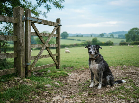 Border Collie mix sitting beside weathered wooden gate with sheep grazing on rolling hills and farms