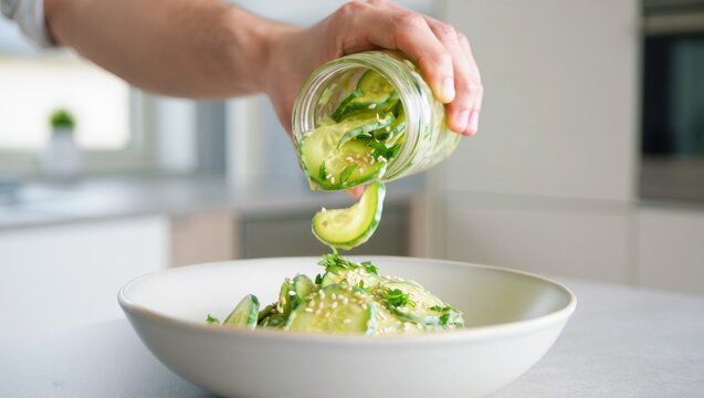 Shakeable cucumber salad poured from a glass jar into a ceramic bowl, fresh sliced vegetables with sesame seeds, herbs, homemade asian appetizer, healthy vegan lunch