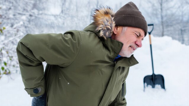 Adult man with lower back pain after clearing deep snow, physical overexertion, lumbar muscle spasm plus seasonal work injury