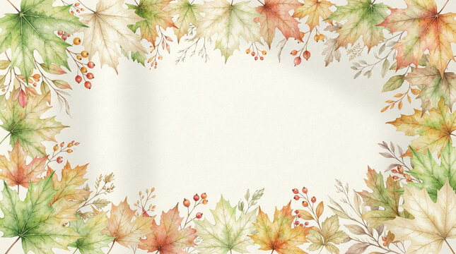 Watercolour autumn leaf frame on white with space for text in the centre