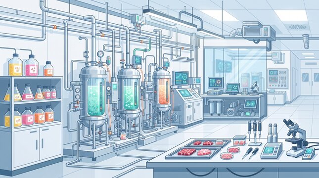 Cultivated meat production in a futuristic laboratory with bioreactor tanks and cellular technology, representing food innovation, biotechnology and sustainable protein.
