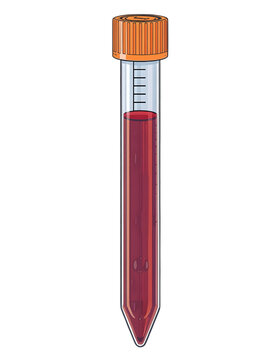 Blood Sample Vial: A clear, conical tube filled with rich red blood, sealed with an orange screw cap, ready for scientific analysis.