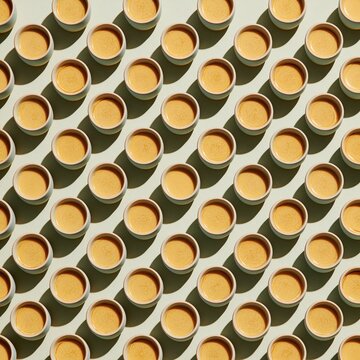 Pale stoneware cups filled with golden drinks arranged in an orderly repeat pattern on a light background, for menu and packaging design