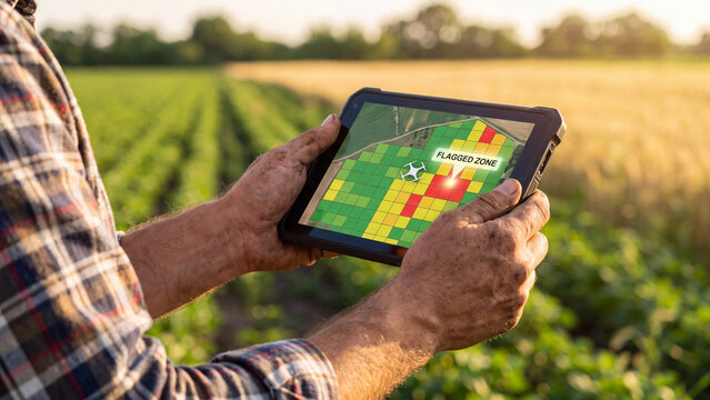 Precision agriculture and crop health mapping concept. Farmer using tablet with field zone map, drone and flagged problem zone in field for crop monitoring, scouting and smart farming