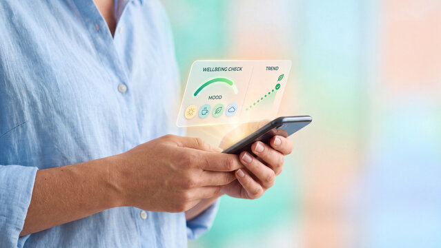 Wellbeing and mood tracking app concept. Woman using smartphone with wellbeing check, mood gauge and improving trend for mental wellness, self care and emotional health monitoring