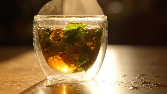 Steaming Hot Mint Tea in Double Walled Glass Cup