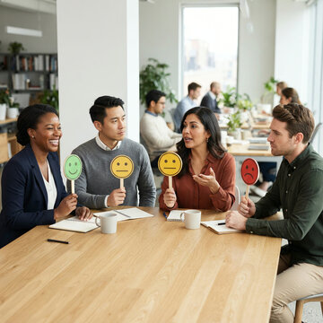Four colleagues holding coloured mood sticks at an office table under gentle light