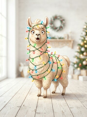 Fototapeta premium Llama wrapped in coloured Christmas lights standing in a white room in soft daylight