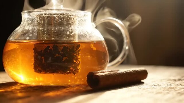 Hot Tea Brewing in Glass Teapot with Cinnamon Stick