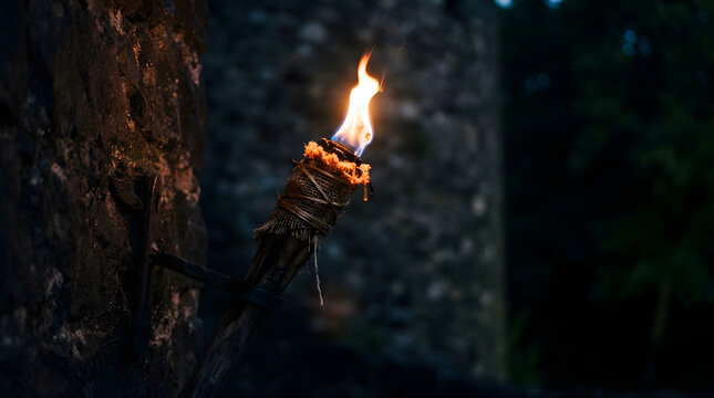 Medieval wooden torch mounted on an old stone castle wall burning with a bright warm flame at night
