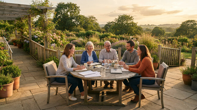 Four friends reviewing papers spread across a wooden table on a garden patio