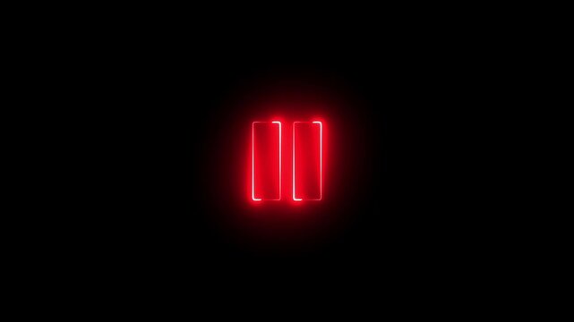 Neon pause button sign icon animation glowing red color player pause circle stop music video and audio media control sign symbol on black background