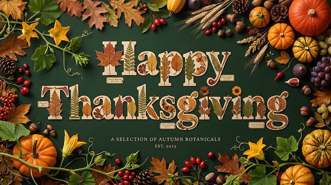 Festive Thanksgiving Autumn Botanical Composition with Pumpkins and Leaves Celebrating Harvest Season