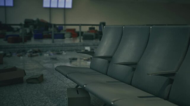 Empty terminal gate row seats, dim lighting casts bluish shadows across vinyl benches and scattered carryons on tiled floor, quiet postcurfew atmosphere