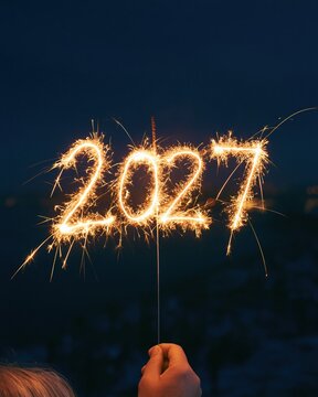 Glowing golden sparkler trace forming the numbers 2027 against a deep navy night sky, featuring warm amber light and copy space for holiday greetings