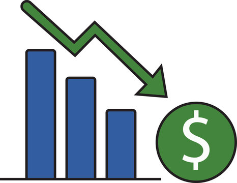 Blue bar chart with declining green arrow and dollar coin