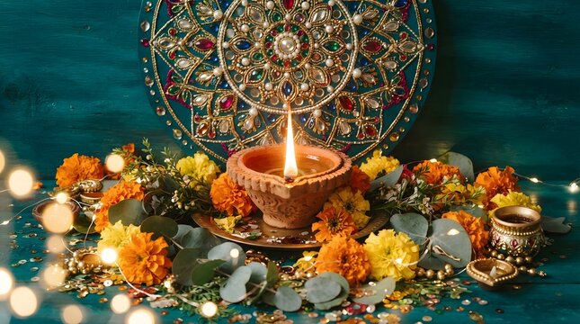 Lit clay diya lamp placed on a plate with marigold flowers and eucalyptus leaves in front of a decorative mandala art piece for diwali celebration