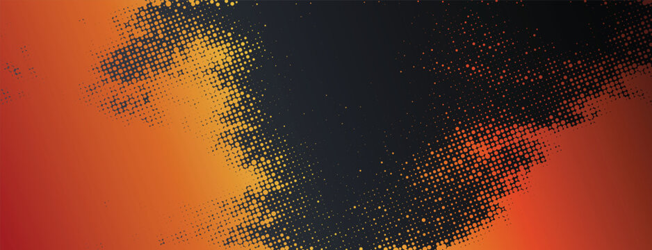 Vector orange and golden halftone dots on a dark background with curved edges. Autumn color gradient with distressed stipple texture and linear fading.