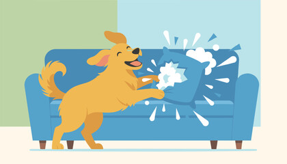 Fototapeta premium Playful golden retriever dog destroys a blue pillow on a living room sofa, scattering soft white stuffing everywhere.