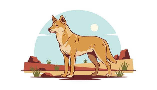 Australian dingo wild dog standing alertly in a desert landscape with red rocks and dry grass under a blue sky.