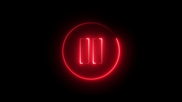 Neon pause button sign icon animation glowing red color player pause circle stop music video and audio media control sign symbol on black background