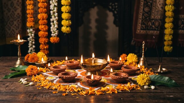 Elegant Diwali Diyas and Marigold Flower Decoration