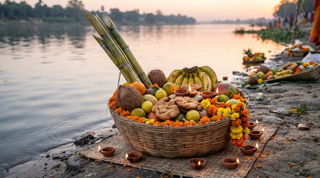 Chhath Puja Traditional Offering Basket with Sugarcane, Fruits, Thekua, Diyas and Flowers
