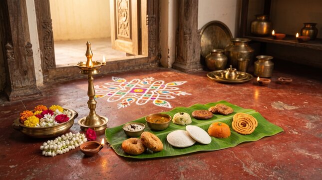 Tamil Deepavali Morning Celebration with Kolam, Traditional Sweets, Banana Leaf and Brass Diya