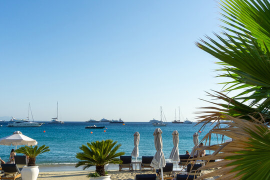 Mykonos beach with luxury yachts and palm trees