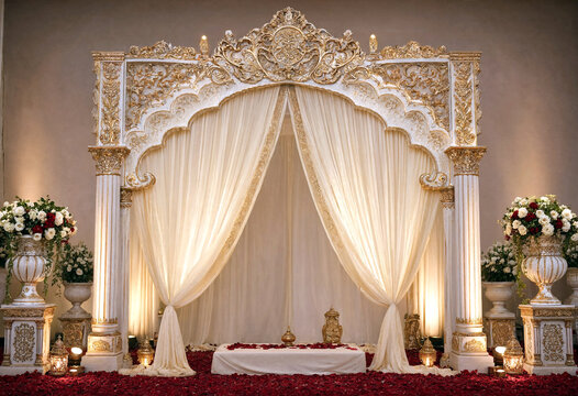 Elegant ornate golden stage backdrop with draped curtains and floral arrangements for weddings or cultural events