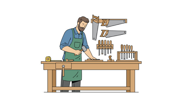 Experienced carpenter working at his wooden workbench using hand tools in a well organized workshop.