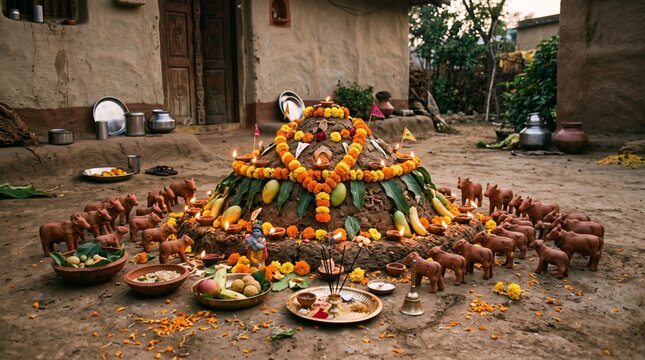 Govardhan Puja Diwali Festival with Govardhan Hill, Diyas, Flowers and Traditional Krishna Decor
