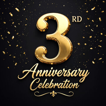 Golden elegant third anniversary celebration design with glittering confetti and decorative typography